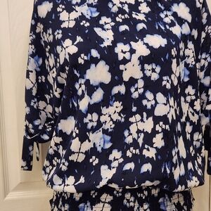 Michael Kors Floral Print Blouse in Navy and White